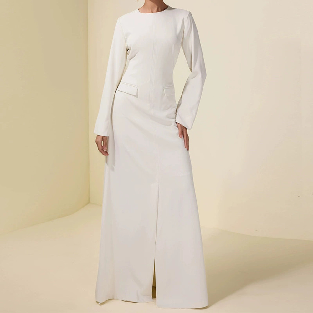 Forever 21 Round-Neck Long-Sleeve Slit Simple Slim-Fit Elegant Maxi Dress
